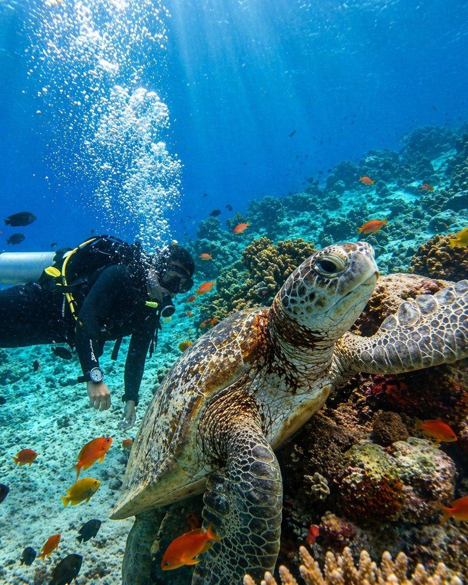 A sea turtle and masked diver above a coral reef near Maratua.