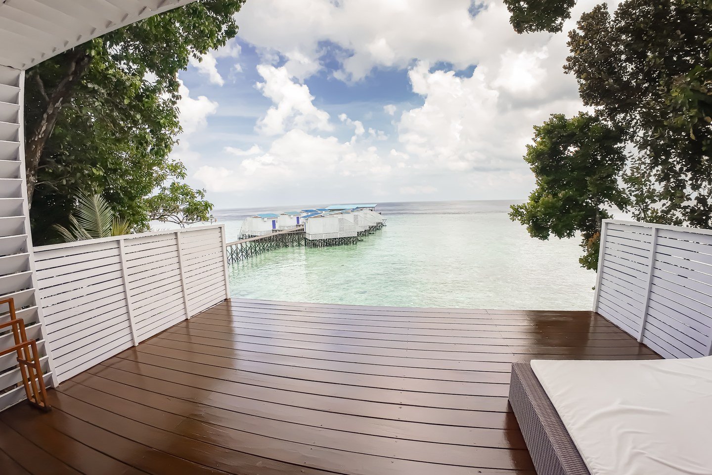 View from an Arasatu Sea View Villa toward the Floating Villas and open sea.