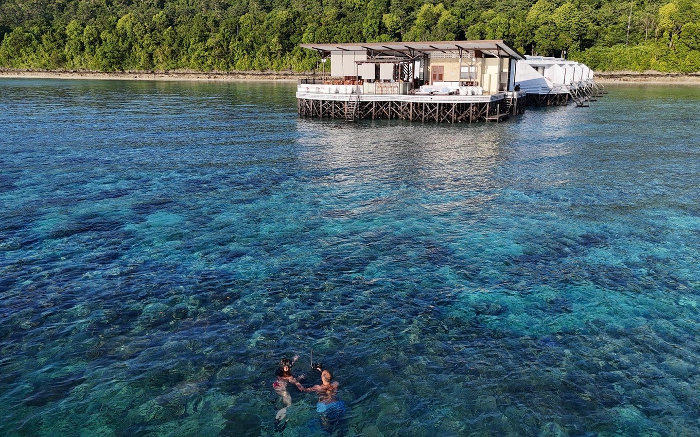 Guests snorkelling in coral-rich water near Samamea at Arasatu.